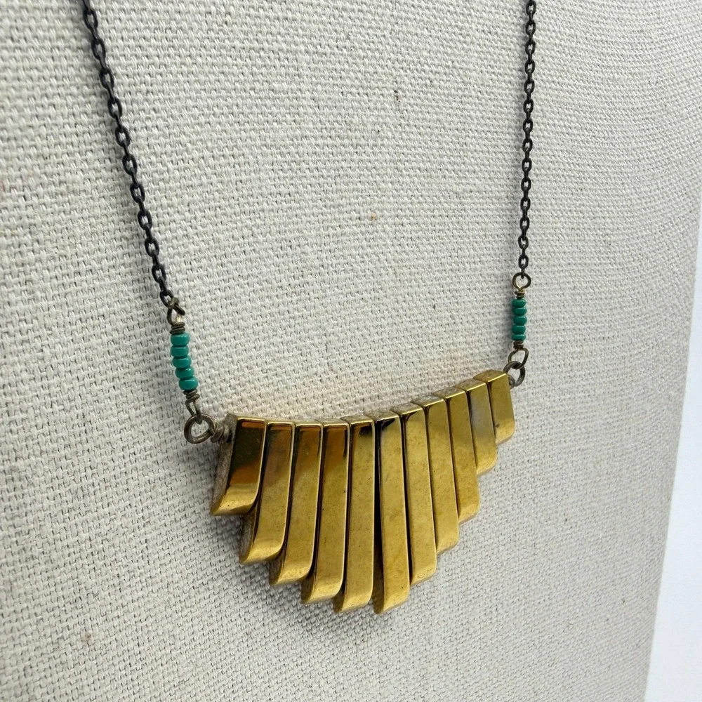 Unique Gold Tone Bar Fan Pendant Necklace Boho Layering Statement Piece Jewelry